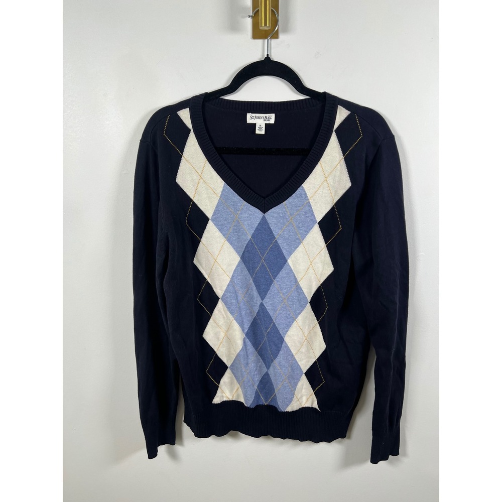 St. John's Bay Argyle Cotton Sweater Navy Blue Academic Preppy Mod V-Neck XL
